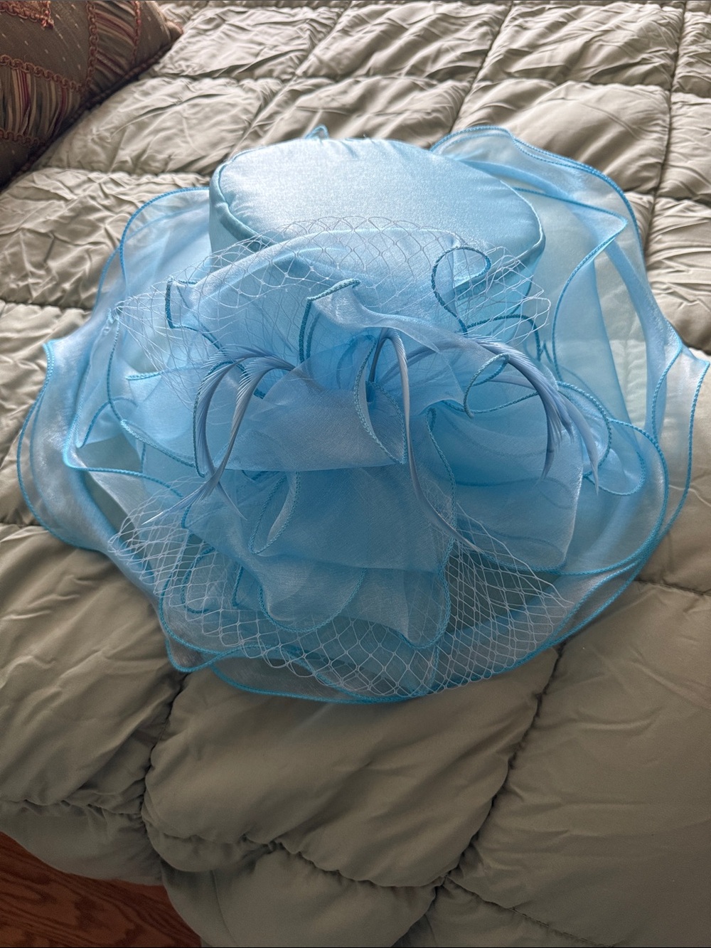 Light Blue Women's Dress Hat with Floral Organza Trim